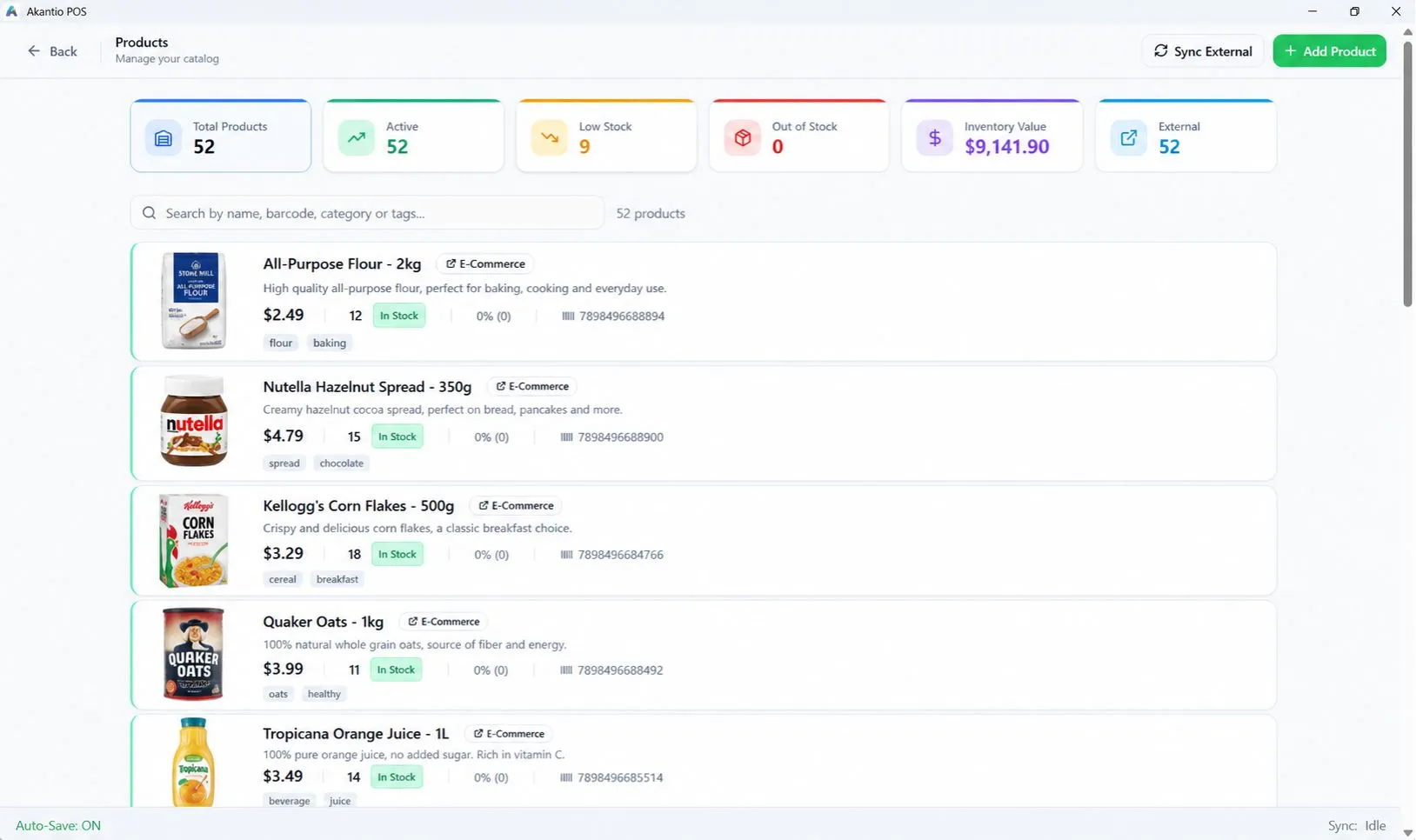Akantio POS product management screen